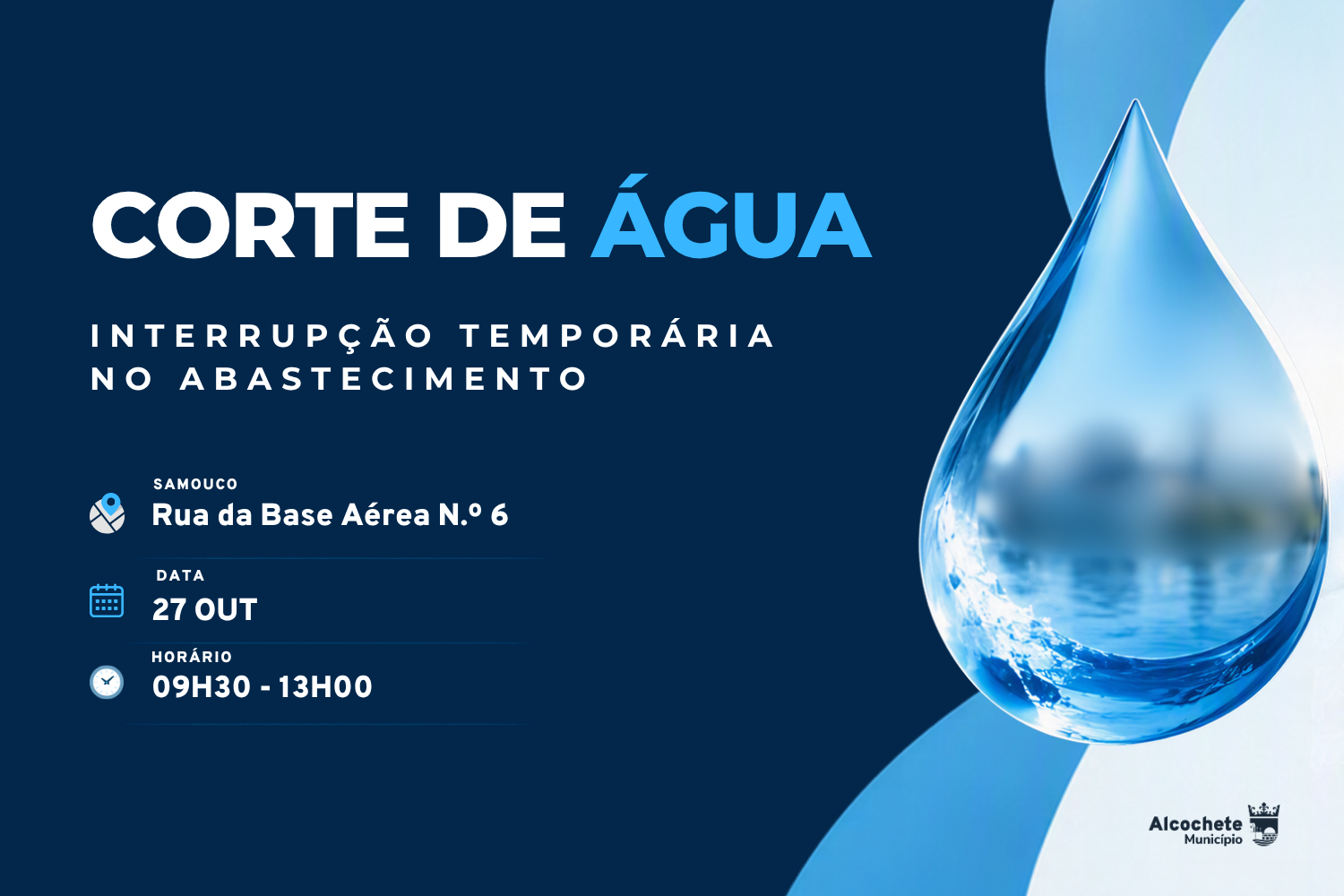 Corte de água em Alcochete dia 28 de outubro 