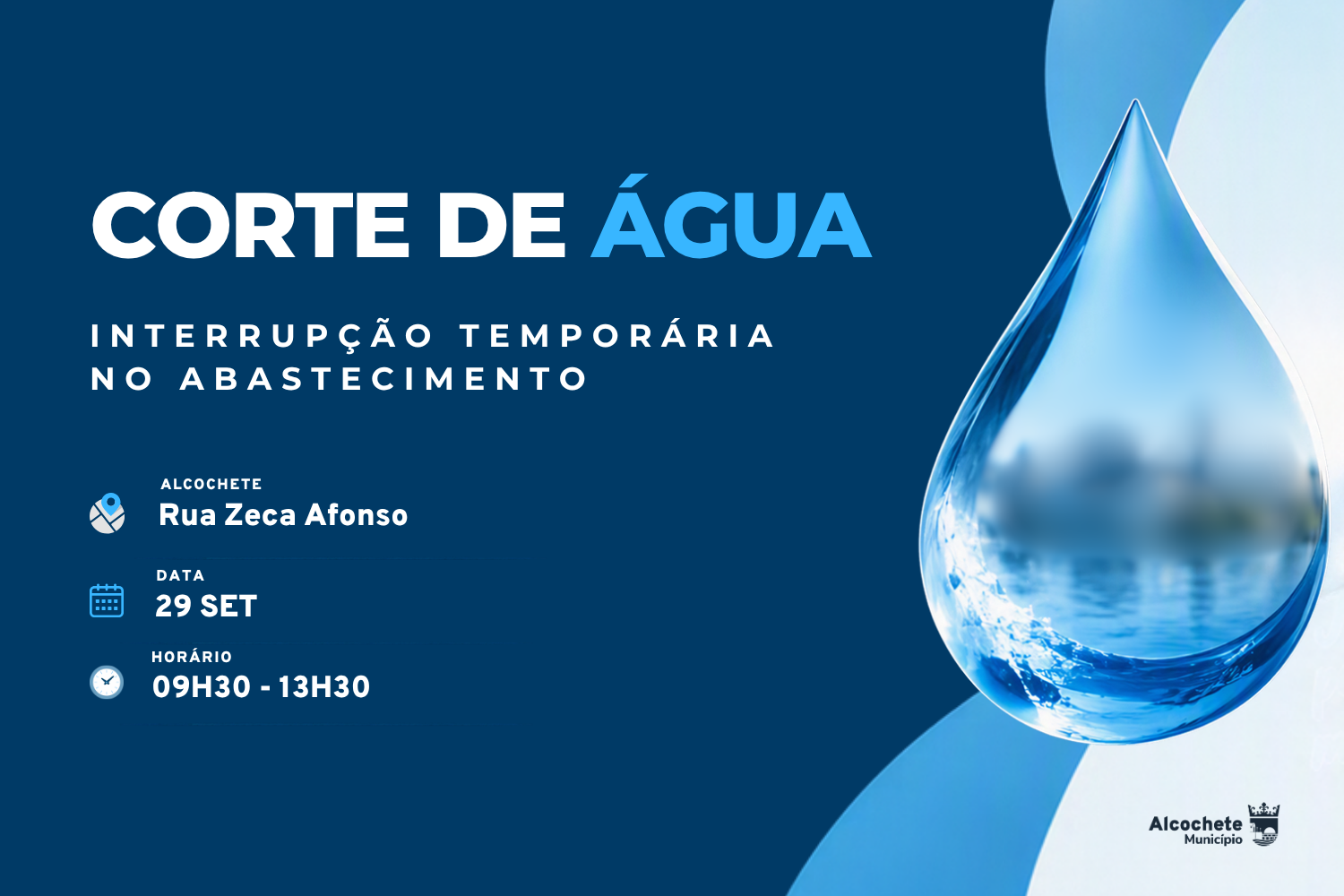 Corte de água em Alcochete dia 29 de setembro 